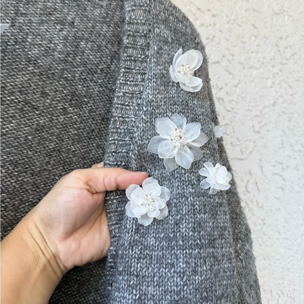 C&C California charcoal gray knit cardigan with floral appliques XL